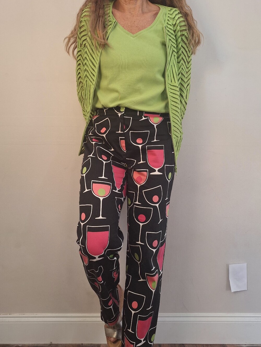 Cali Cali Black Stretch Pants with Colorful Cocktail Glass Print Size 10